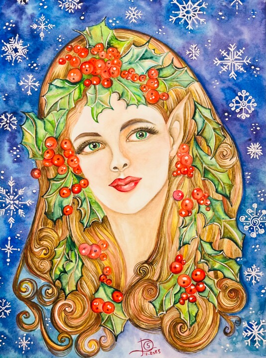 Painting titled "Christmas Elfe" by Sonia Demongivert, Original Artwork, Watercolor