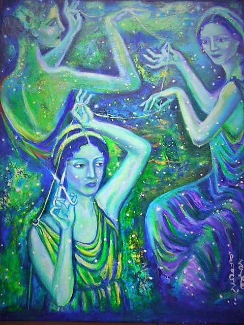 Painting titled "Moirae and the Thre…" by Dengiz Zolte, Original Artwork, Acrylic