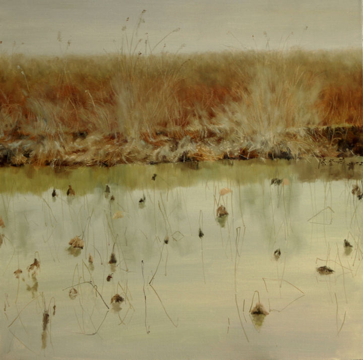 Malarstwo zatytułowany „WATER LILIES-THE WH…” autorstwa Dengke Zhang, Oryginalna praca, Olej