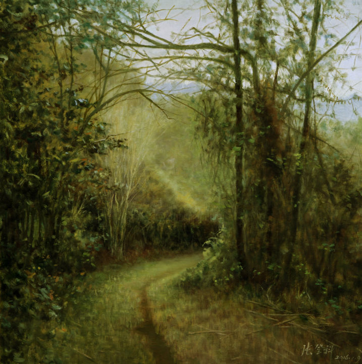 Painting titled "GREEN ROAD-DID YOU…" by Dengke Zhang, Original Artwork, Oil