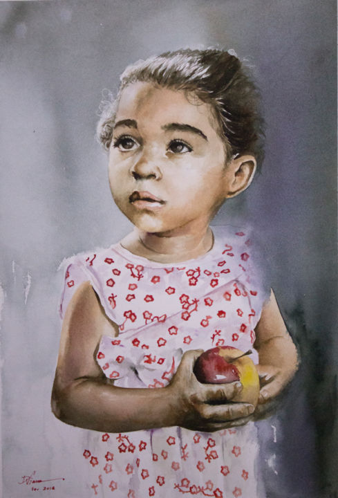 Painting titled "Innocent" by Denio Viana, Original Artwork, Watercolor