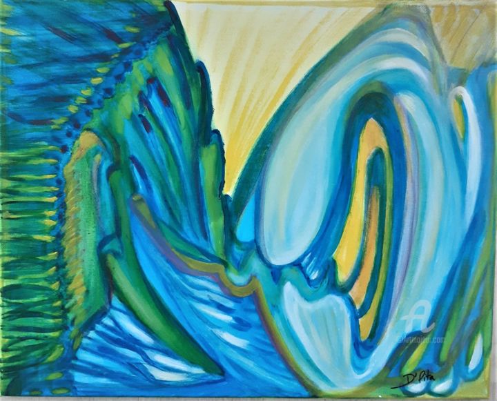 Painting titled "Flor verde & azul" by Denise Oliveira Bello Pita (Pita), Original Art, Acrylic