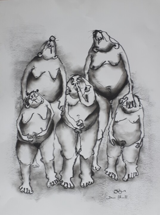 Dessin intitulée "portrait de famille…" par Denis Blondel, Œuvre d'art originale, Fusain