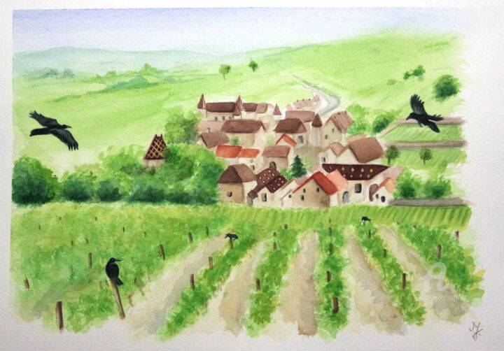 Painting titled "Santenay vue des vi…" by Emilie Denis, Original Artwork, Watercolor