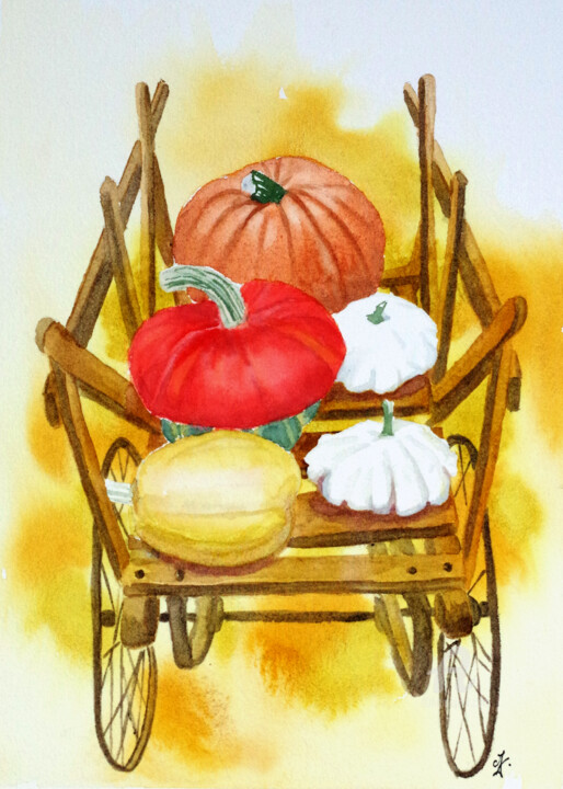 Pintura intitulada "La fête de l'Automne" por Emilie Denis, Obras de arte originais, Aquarela