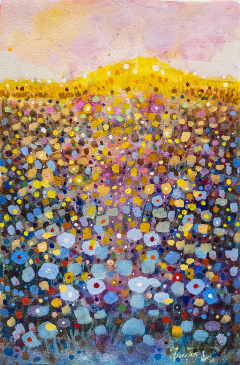 Peinture intitulée "Sunrise in a field…" par Denis Filip, Œuvre d'art originale, Aquarelle