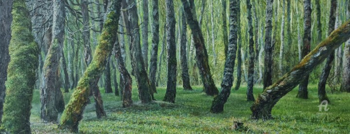 Painting titled "Старый лес" by Denis Kovalev, Original Artwork, Oil Mounted on Wood Stretcher frame