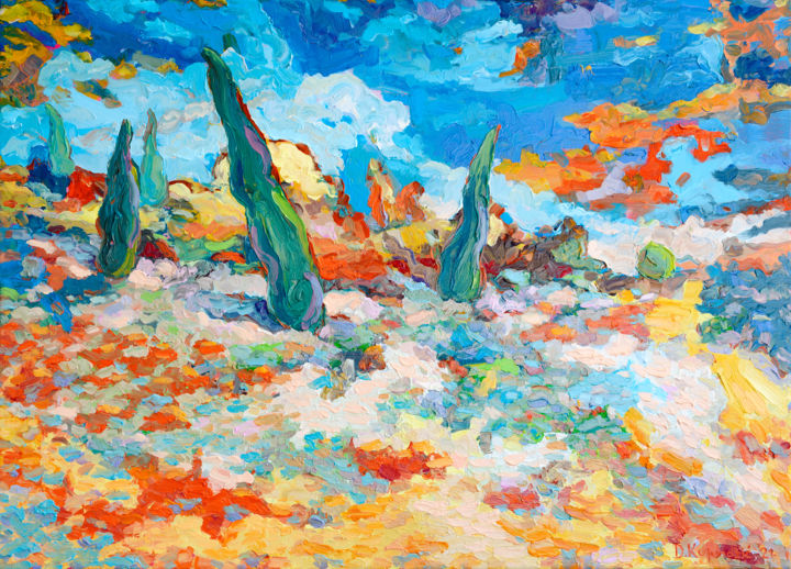 Painting titled "Cypresses" by Denis Kujundzic, Original Art, Oil Mounted on Stretcher frame