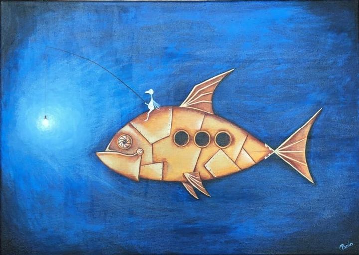 「Рыба」というタイトルの絵画 Denis Paninによって, オリジナルのアートワーク, アクリル ウッドストレッチャーフレームにマウント