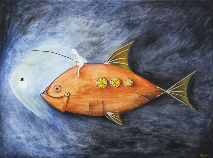 Schilderij getiteld "fish" door Denis Panin, Origineel Kunstwerk, Acryl