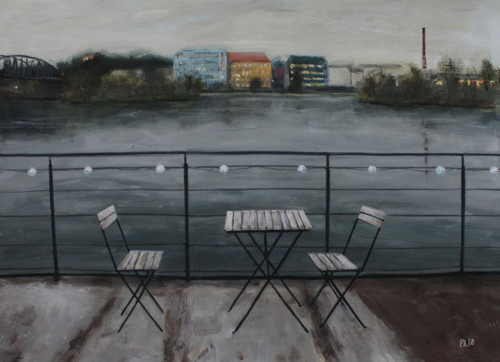 Картина под названием "Не сезон. Кафе-барж…" - Денис Русаков, Подлинное произведение искусства, Гуашь
