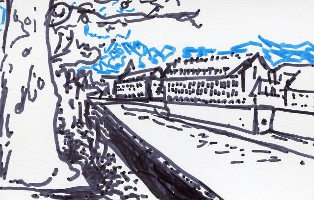 Dessin intitulée "Besançon, les quais" par Denis Demouge, Œuvre d'art originale