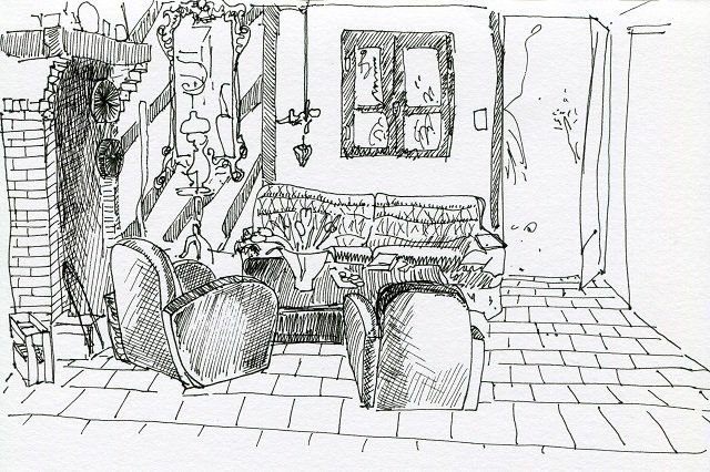 Zeichnungen mit dem Titel "Chez Jeanne à Panjas" von Denis Demouge, Original-Kunstwerk