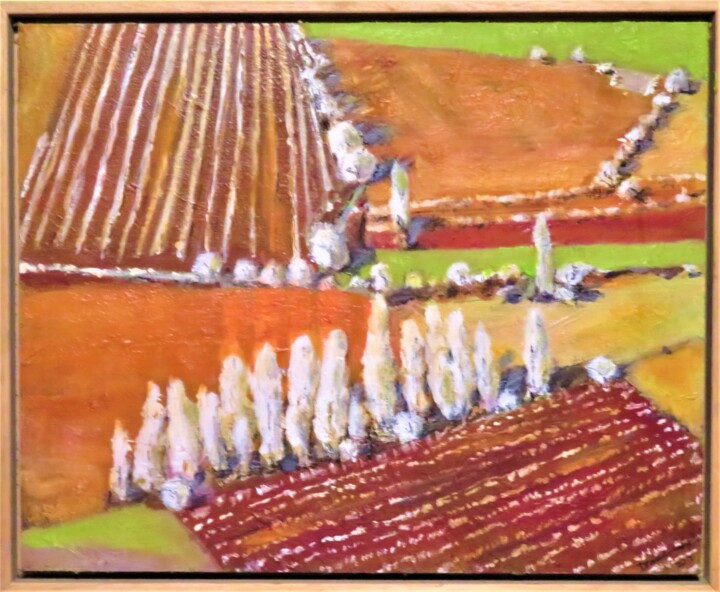 Painting titled "White Poplars" by Denise Campbell, Original Artwork, Oil Mounted on Wood Panel