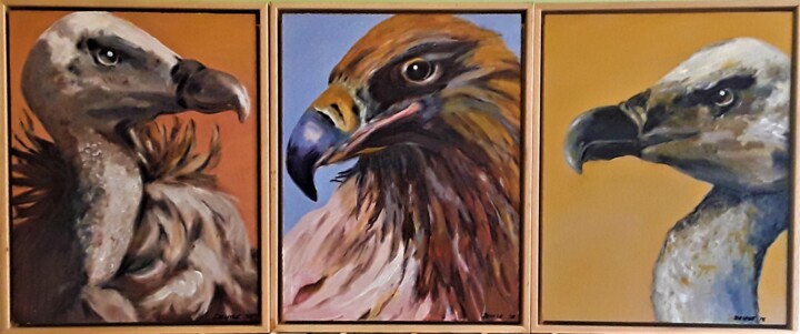 Painting titled "Birds Of Prey Trypt…" by Denise Campbell, Original Artwork, Oil Mounted on Wood Panel