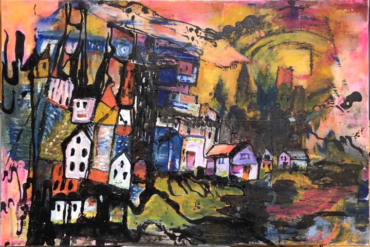 Painting titled "Magrie, le village…" by Denise Grisi, Original Artwork, Acrylic Mounted on artwork_cat.
