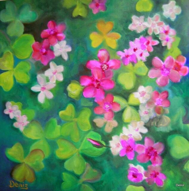 Painting titled "Oxalis rose" by Denise Guilhaumon, Original Artwork, Oil