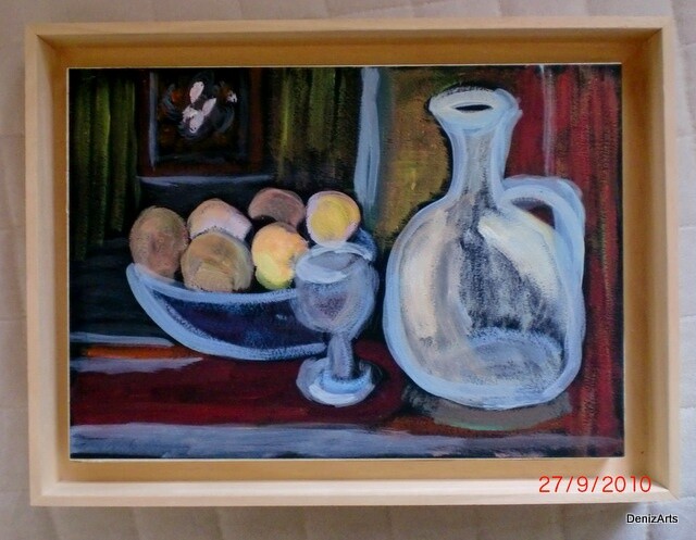 Painting titled "Verre carafe fruits…" by Denise Guilhaumon, Original Artwork