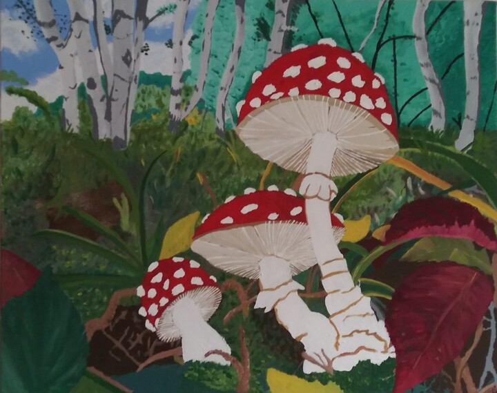 Painting titled "Champignons sauvages" by Denise Langlais, Original Artwork, Acrylic