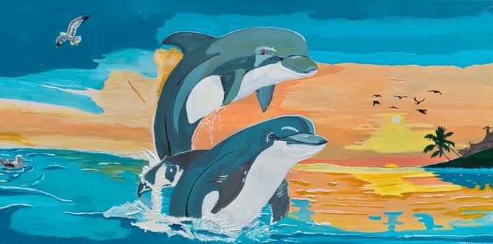 Painting titled "Dauphins en mer" by Denise Langlais, Original Artwork, Acrylic Mounted on Wood Stretcher frame