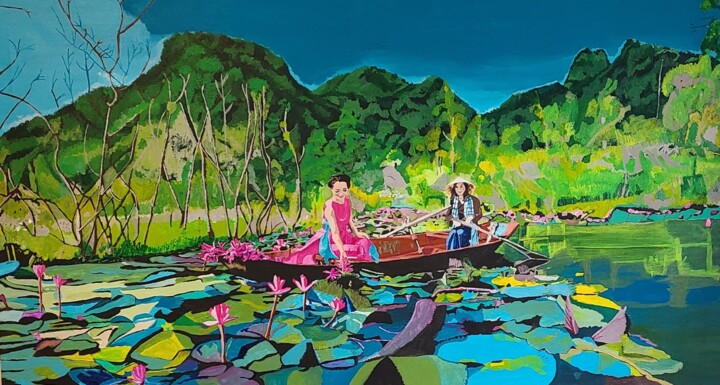 绘画 标题为“Le lotus sacré” 由Denise Langlais, 原创艺术品, 丙烯 安装在木质担架架上