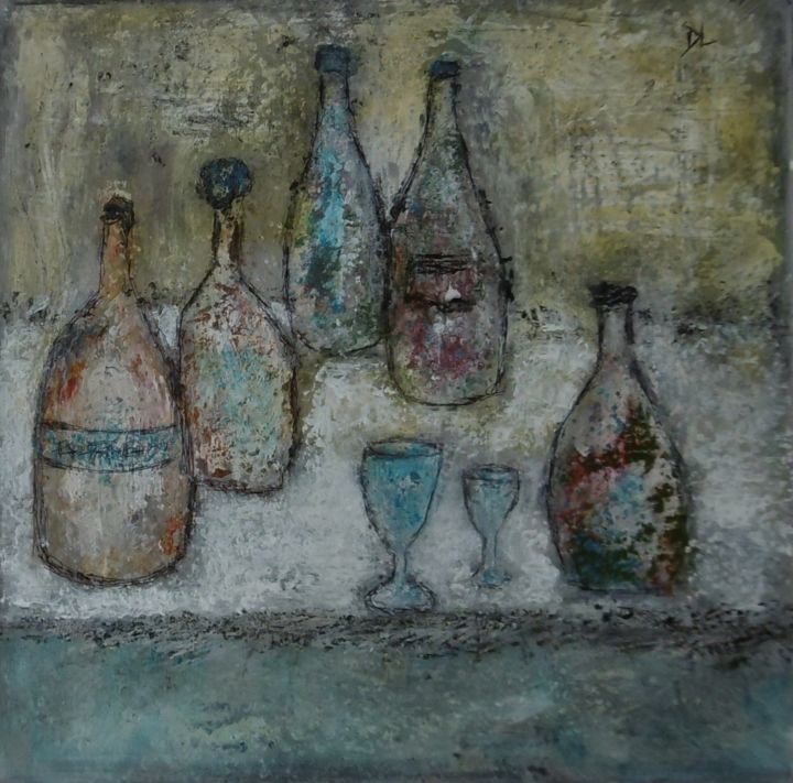 Painting titled "Verres bleus." by Denise Louin-Lecoeur, Original Artwork, Acrylic