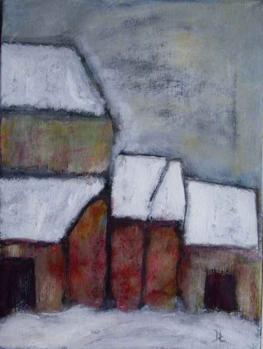 Painting titled "Paysage Hameau sous…" by Denise Louin-Lecoeur, Original Artwork, Oil