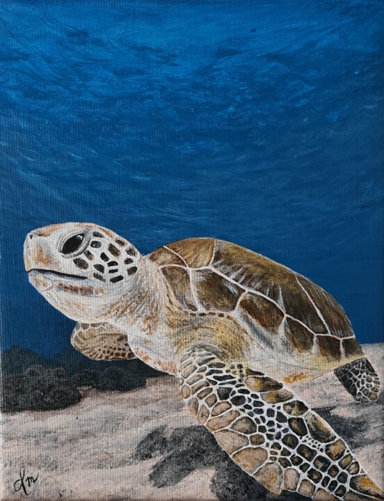 Malarstwo zatytułowany „Painting sea turtle…” autorstwa Denise Martens Art, Oryginalna praca, Akryl