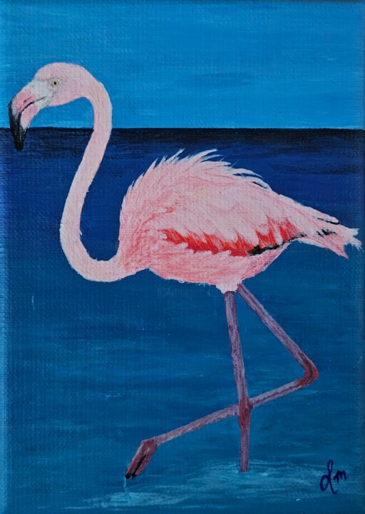 Painting titled "standing flamingo" by Denise Martens Art, Original Artwork, Acrylic