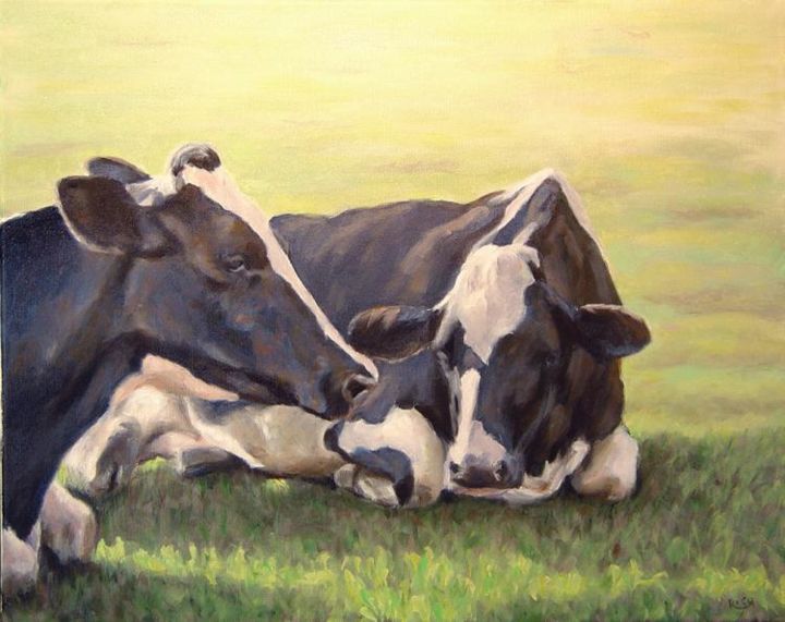 Peinture intitulée ""Cows kicking back"" par Denise Rich, Œuvre d'art originale