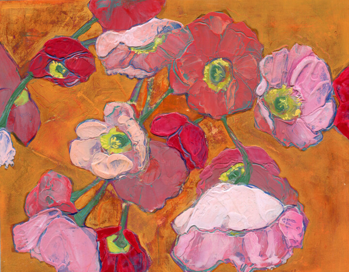 Peinture intitulée "Dancing Poppies On…" par Denise Souza Finney, Œuvre d'art originale, Acrylique