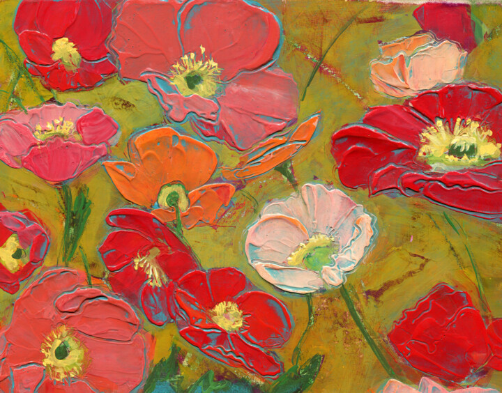 Painting titled "Dancing Poppies On…" by Denise Souza Finney, Original Artwork, Acrylic