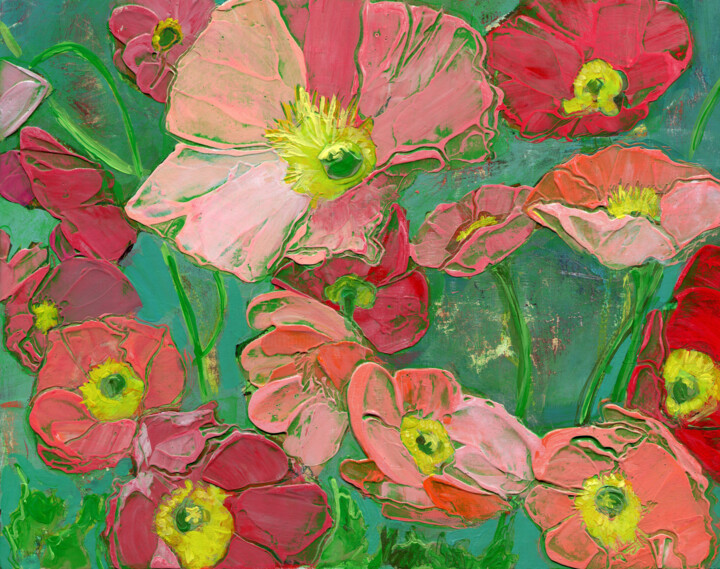 Картина под названием "Poppies Dancing On…" - Denise Souza Finney, Подлинное произведение искусства, Акрил