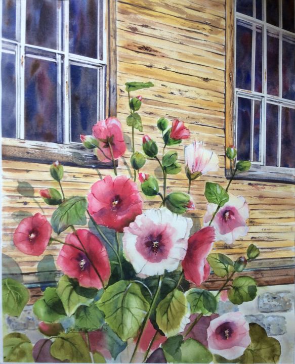 Painting titled "Les passeroses" by Denise Desmeules, Original Artwork, Watercolor