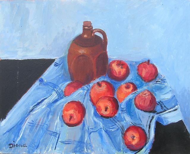 Painting titled "PICHET ET POMMES" by Denise Jouve, Original Artwork, Oil