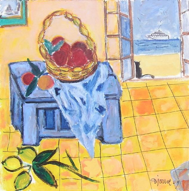 Peinture intitulée "NATURE MORTE AU CHAT" par Denise Jouve, Œuvre d'art originale, Acrylique