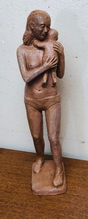 Sculpture titled "Maman et bébé" by Denis Thebaudeau, Original Artwork, Terra cotta