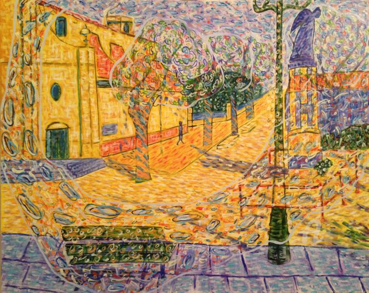 Peinture intitulée "La Place de l'églis…" par Denizzio, Œuvre d'art originale, Huile