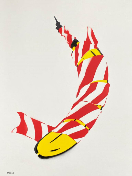 Printmaking titled "FLATTERBAND-BANANE…" by Dennis Josef Meseg, Original Artwork, Spray paint