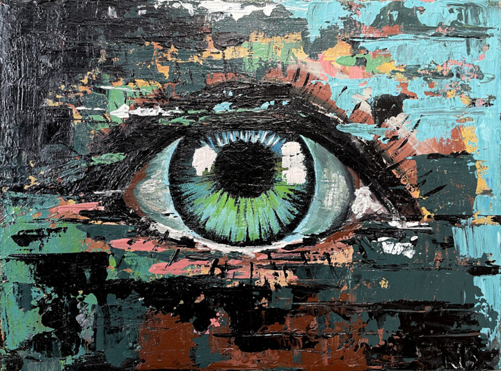 Картина под названием "Blue Emerald Eye /…" - Denys Sobol, Подлинное произведение искусства, Акрил Установлен на картон