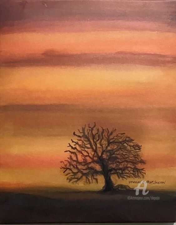 Painting titled "Lone Tree" by Deborah Paige Jackson, Original Artwork, Watercolor Mounted on Other rigid panel