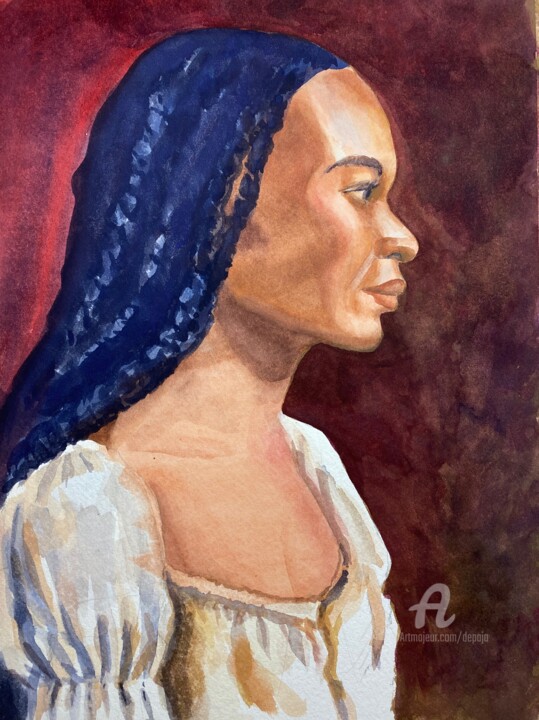 Painting titled "Profile of Beauty" by Deborah Paige Jackson, Original Artwork, Watercolor Mounted on Other rigid panel