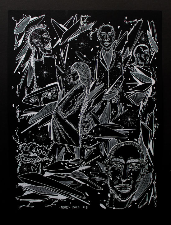 Drawing titled "White on Black seri…" by Sergei Dergaev, Original Artwork, Gel pen