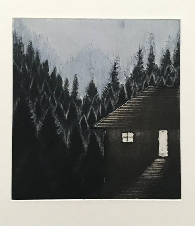 Printmaking titled ""Mountain Refuge"" by Dermot Ryan, Original Artwork, Etching