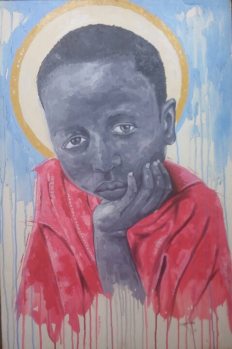 Painting titled "The Boy In Red Shirt" by Derrick Okanta, Original Artwork, Acrylic