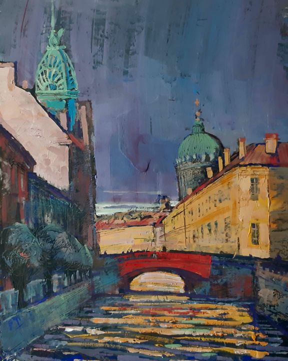 Painting titled "Красный мост." by Aleksandr Kriukov, Original Artwork, Tempera