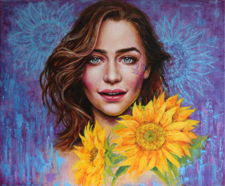 Malerei mit dem Titel "Sunflowers. Portrai…" von Katerina Kariukova, Original-Kunstwerk, Öl