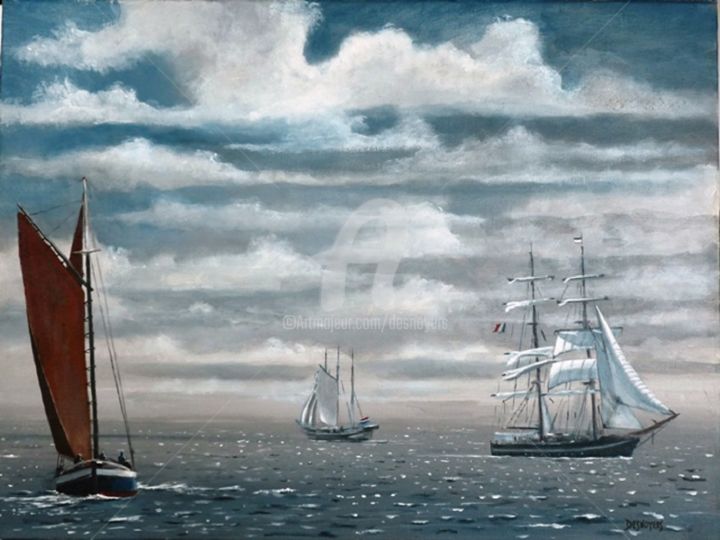 Peinture intitulée "Nave dans le rade d…" par Desnoyers, Œuvre d'art originale, Huile