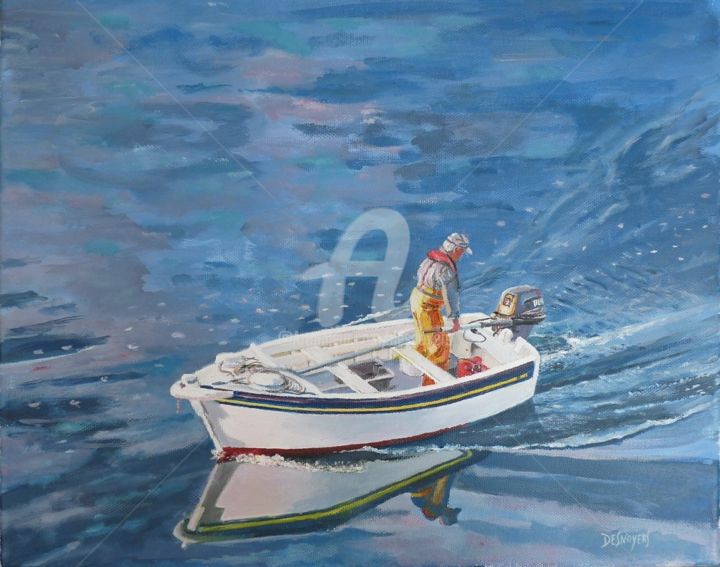 Peinture intitulée "Canot en mer d'Iroi…" par Desnoyers, Œuvre d'art originale, Acrylique