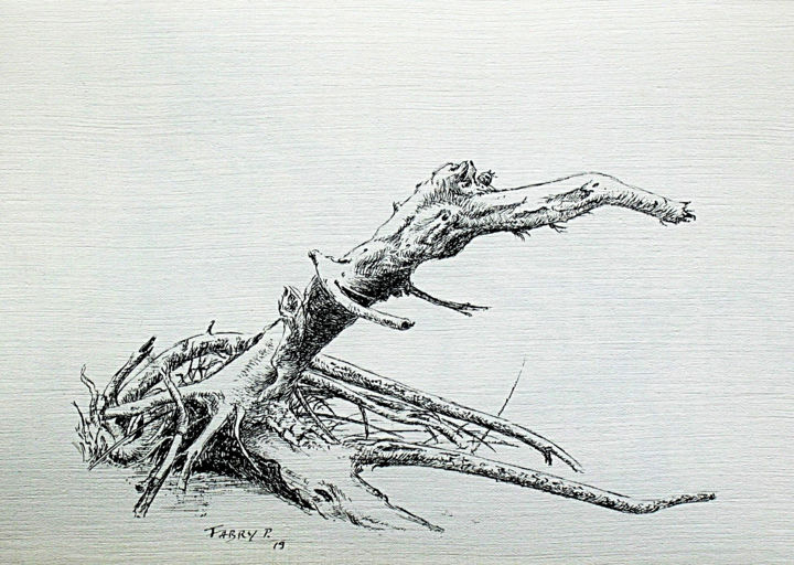 「Contre le vent」というタイトルの描画 Pierre Fabryによって, オリジナルのアートワーク, インク ウッドパネルにマウント